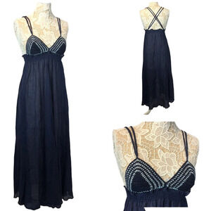 Boutique Navy & white long crocheted beach maxi dress crossed back size small
